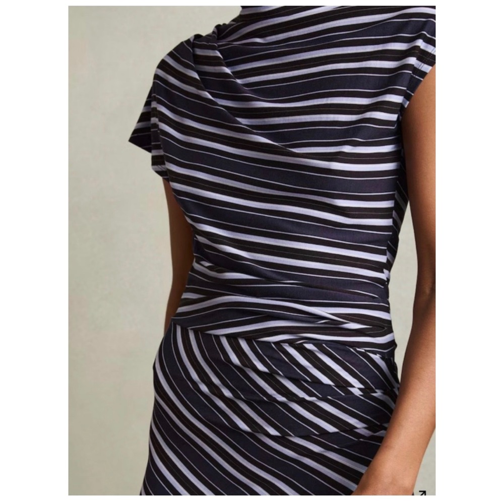 Reiss Dillion Blue Striped Ruched Draped Maxi Long Dress XL Sleeveless Sheath - Picture 4 of 12